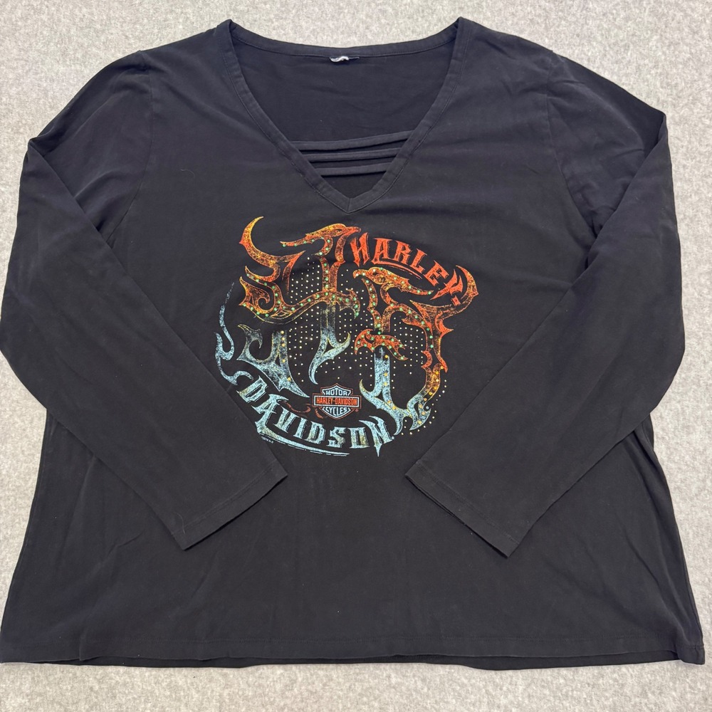 Harley-Davidson Women Black V-Neck 2X Graphic Tee Rhinestone Dubuque IA